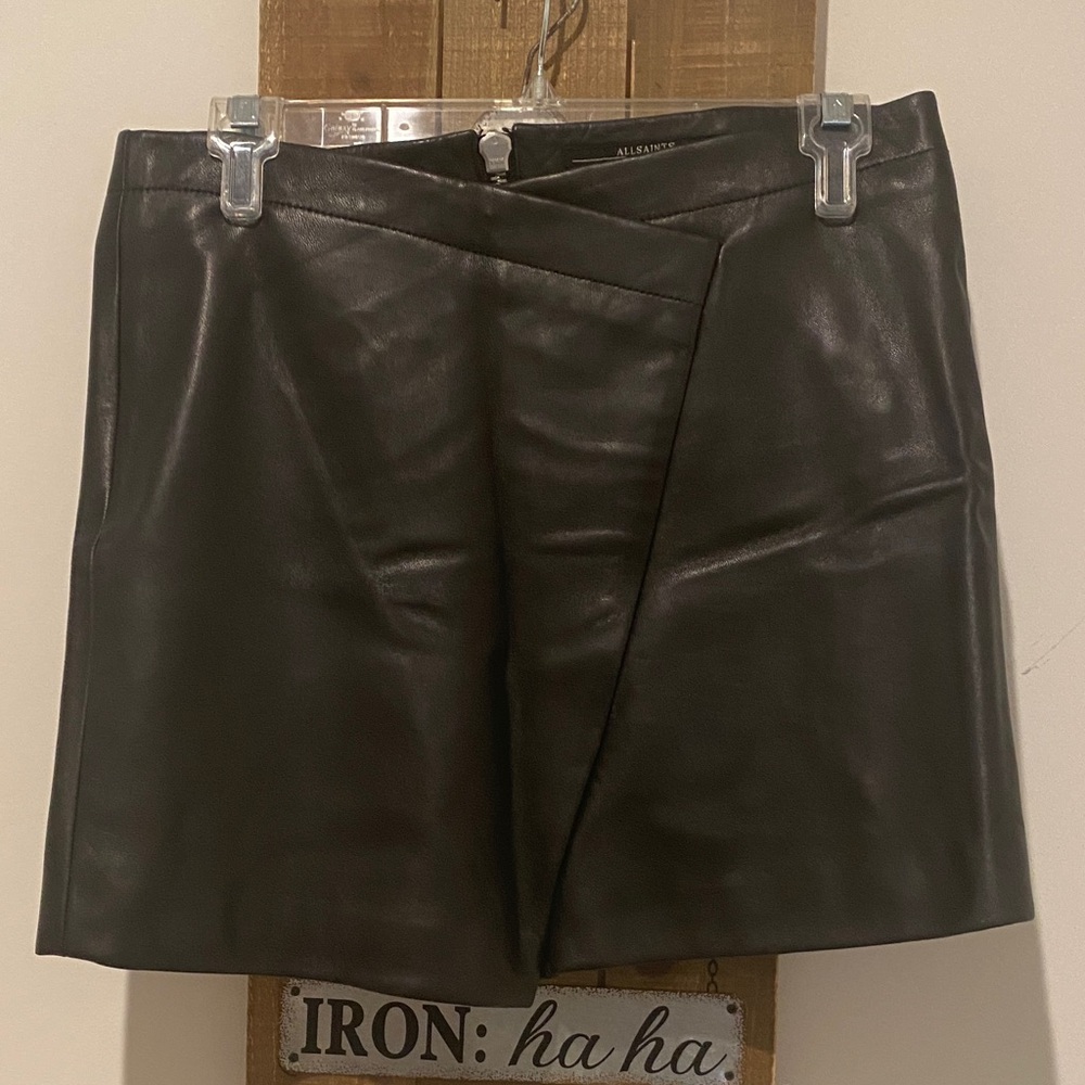 All Saints Black Leather Asymmetrical Mini Skirt